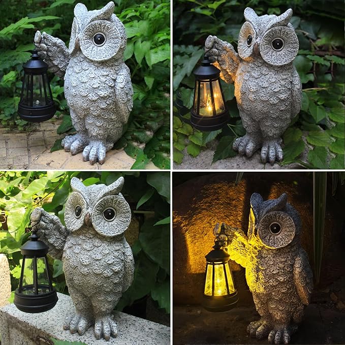 Garden Statues, owl Outdoor Figurines Decorated with Solar Lights, Unique Christmas Birthday Gifts for Moms, Grandmas, Women, Wives, Sisters (Grey Owl1)-HomvellaHome