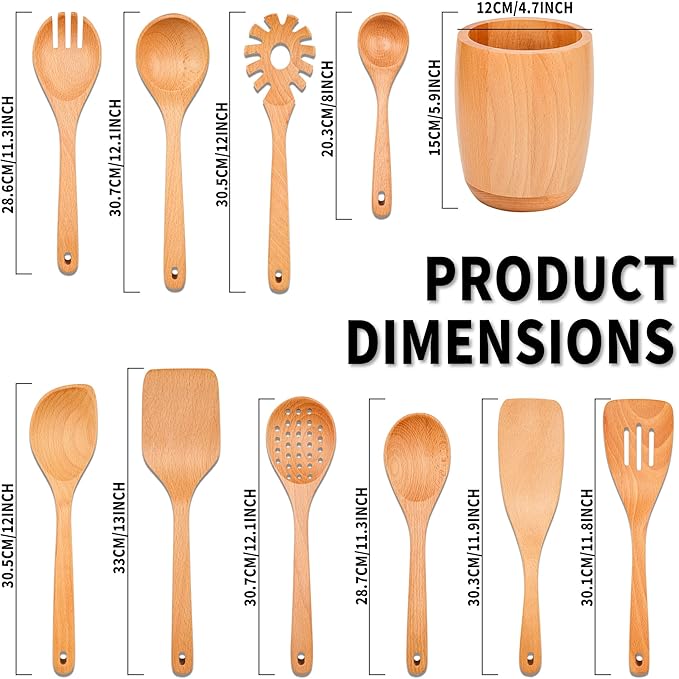 11 PCS WOSPONFAN Kitchen Utensils Set - Wooden Spoons for Cooking, Natural Beech Wood Wooden Utensils - Includes Wooden Spoons, Spatula Set, Slotted Spoon - Handmade Wooden Spoon Set-HomvellaHome