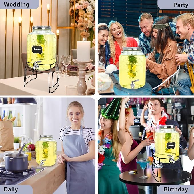 2 Gallon Glass Drink Dispensers For Parties,Beverage Dispensers With Stand And 100% Leakproof Stainless Steel Spigot.Glass Water Jug Dispenser,Lemonade Dispenser,Mason Jar.-HomvellaHome