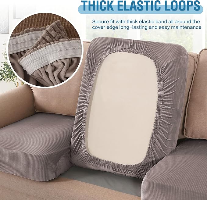 H.VERSAILTEX Velvet Stretch Couch Cushion Cover Plush Cushion Slipcover for Chair Cushion Furniture Protector Seat Cushion Sofa Cover (1 Piece Armchair Cushion Covers, Taupe Striped)-HomvellaHome