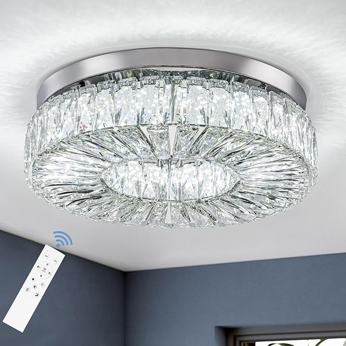 16.5 Inch Dimmable Chandelier with Remote Control LED Crystal Chandelier Modern Flush Mount Ceiling Light Fixtures for Living Room Bedroom Dining Room Entrance (dimmable-16.5")-HomvellaHome