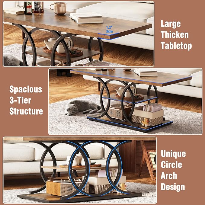 GiftGo Rustic Coffee Table with Storage Industrial 3 Tier Center Living Room Table Farmhouse Wooden Rectangle Cocktail Tea Table for Office Bedroom Elegant Full Moon Round Metal Frame (Brown, L-47)-HomvellaHome