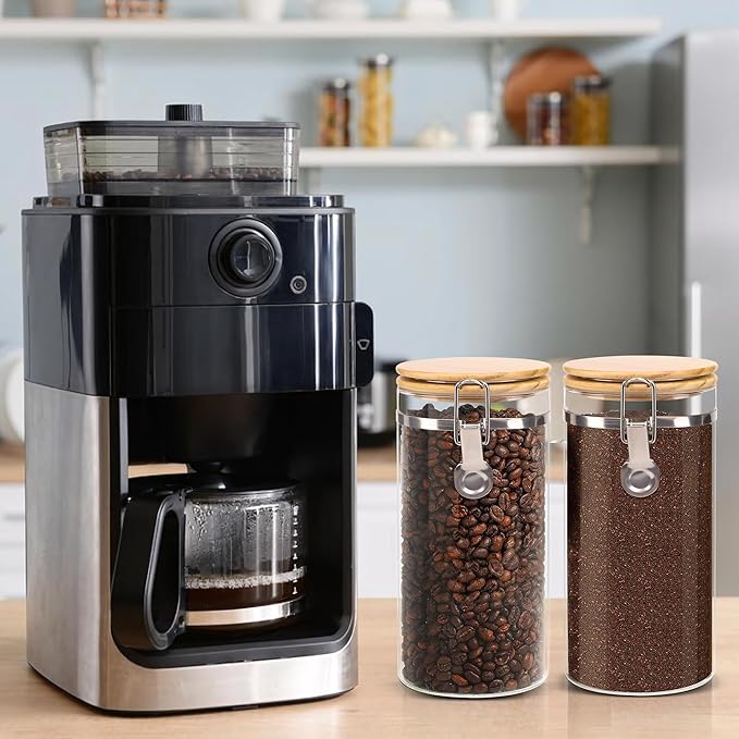 Glass Storage Jars Set Elegant Containers with Airtight Bamboo Lids, Perfect for Kitchen Organization - Flour, Rice, Pasta, Sugar, Coffee Beans, Accessories Included (Coffee Jar x 2)-HomvellaHome