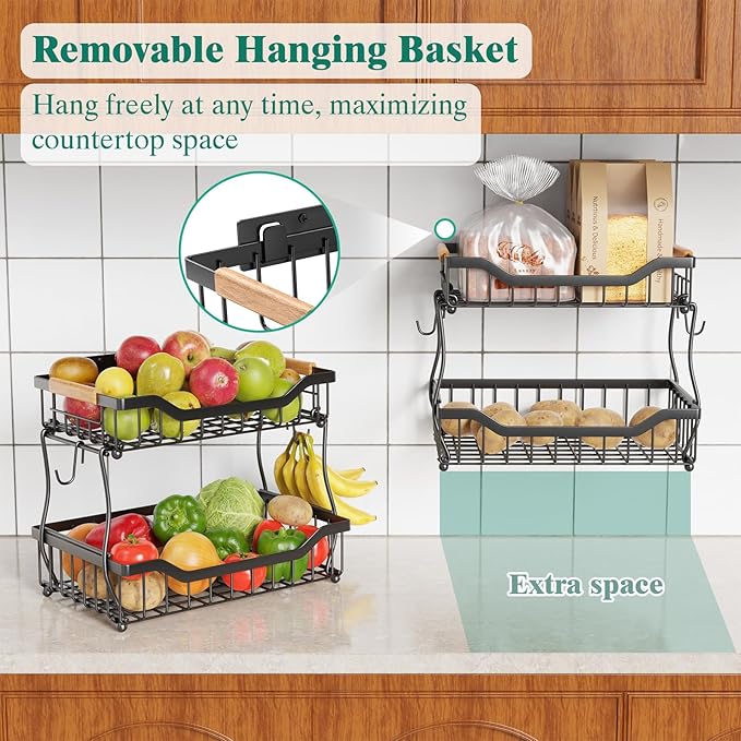 Giwil 2 Tier Countertop Fruit Basket for Kitchen, Vegetable Storage Bread Fruit Bowl Stand with 2 Banana Hangers, Wall Mounted Metal Wire Basket Organizer for Potato Onion, Black-HomvellaHome