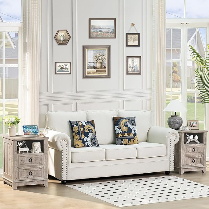 18" Farmhouse Night Stands Set of 2 with Charging Station, 2 Drawers End Table Dresser for Bedroom, Oak Wooden Nightstand, Bed Side Table with Open Shelf, Bedside Cabinet for Living Room-HomvellaHome