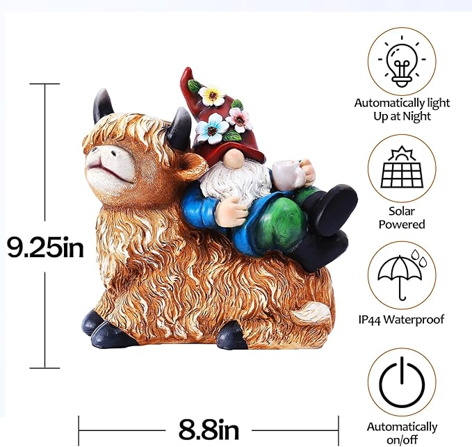 Garden Gnomes Decor Outdoor Statues Gnome on Highland Cow Hold Solar Cup Light Outdoor Decorations for Patio,Yard and Gift for Mom-HomvellaHome