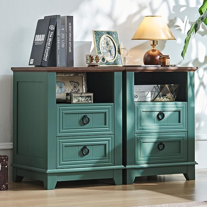 18" Farmhouse Night Stands Set of 2 with Charging Station, 2 Drawers Bedside End Table, Green Wooden Nightstand, Bed Side Table Cabinet with Open Shelf for Bedroom Living Room Office-HomvellaHome