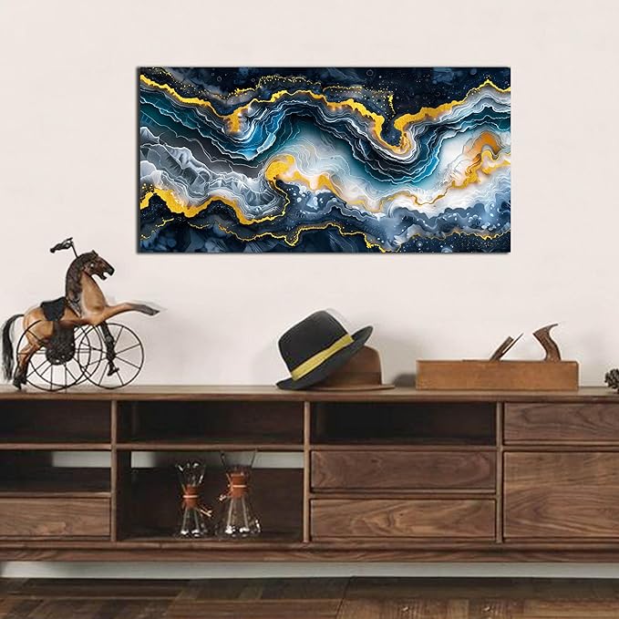 GUGIKA Abstract Wall Art for Living Room, Gold Black and Blue Canvas Wall-Art for Bedroom, Ocean Landscape Print Paintings, Size 40x20 Inches-HomvellaHome