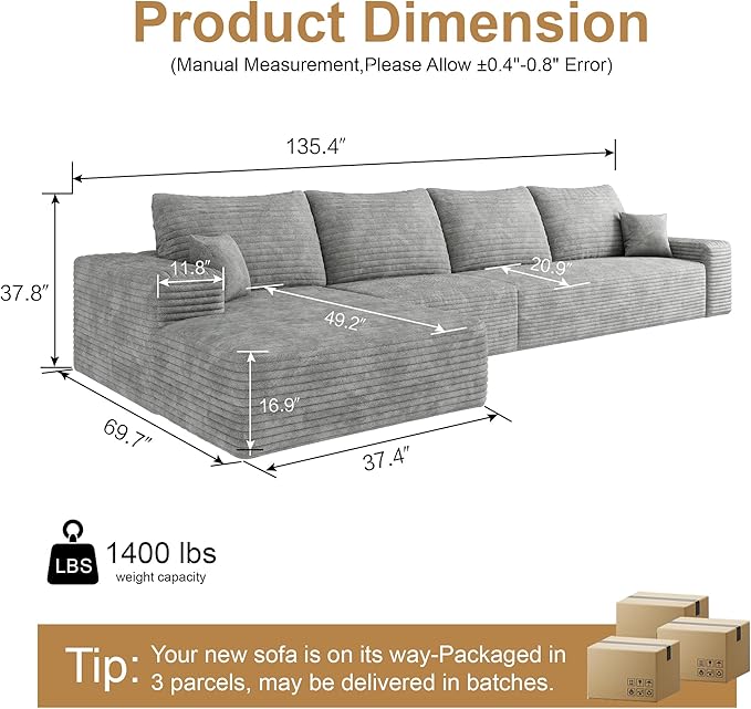 136" Sectional Couches for Living Room Modern Modular Sofa with L-Shape Couchs Upholstered Boneless Couch Deep Seat Sectional Couch with Chaise (Grey, Left Facing Chaise+3Seaters)-HomvellaHome