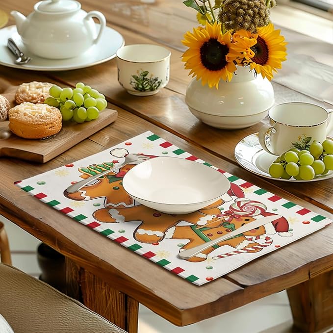 Gingerbread Man Christmas Placemats Set of 4 Candy Cane Xmas Seasonal Holiday Linen Table Mats Red Green Orange Winter Washable Place Mats for Party Kitchen Dining Outdoor Indoor Decor-HomvellaHome