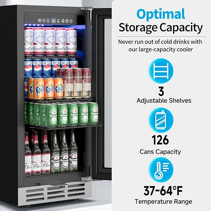 15 Inch Beverage Refrigerator Under Counter - 126 Cans Beverage Fridge with Glass Door for Beer Wine Soda - Built-in or Freestanding Wine Cooler with Safety Lock for Home Kitchen Bar-HomvellaHome