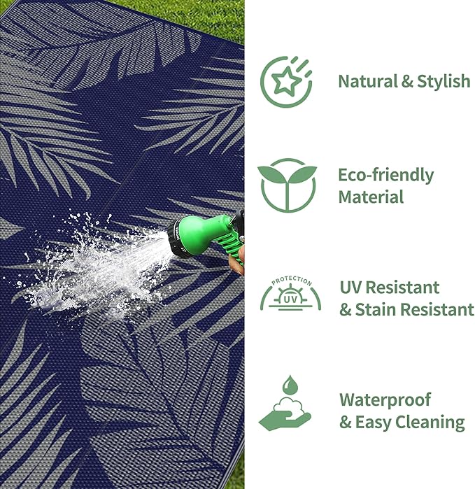 GENIMO Outdoor Rug 2.5' x 8' Waterproof for Patios Clearance, Reversible Outdoor Plastic Straw Camping Rug Carpet, Large Area Rugs Mats for RV, Camper, Deck, Balcony, Porch, Beach, Picnic, Blue&Grey-HomvellaHome