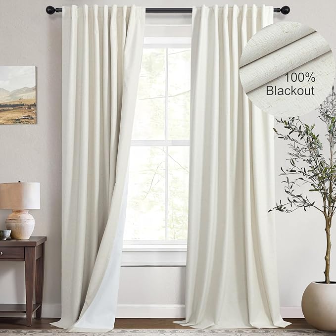 100% Blackout Elegant Curtains 95 Inch Length 2 Panel Set for Living Room Sunroom Back Tab Thermal Insulated Custom Curtains for Windows Boho Farmhouse Drapes 95 Inch Long Office Ivory Cream Off White-HomvellaHome