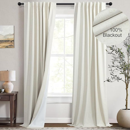 100% Blackout Elegant Curtains 95 Inch Length 2 Panel Set for Living Room Sunroom Back Tab Thermal Insulated Custom Curtains for Windows Boho Farmhouse Drapes 95 Inch Long Office Ivory Cream Off White-HomvellaHome
