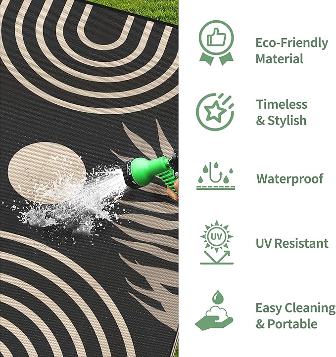 GENIMO Outdoor Rug 8' x 10' Waterproof for Patio Clearance, Reversible Lightweight Plastic Straw Camping Carpet, Large Area Rugs Mats for Rv, Backyard, Deck, Porch, Picnic, Balcony, Mix-Black & Beige-HomvellaHome