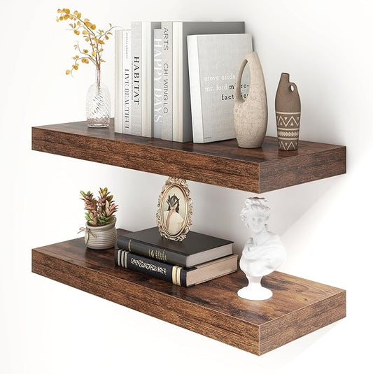 12 Inch Deep Floating Shelves for Wall | 30 Inch Floating Shelves Set of 2 | Rustic Wood Shelves for Living Room Bathroom Laundry Room Bedroom Kitchen Home Office - Rustic Brown-HomvellaHome