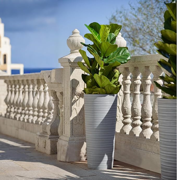 GreenShip 27" Tall Planters, Set of 2 – Black Outdoor Planter for Front Porch & Tall Plants, Weather-Resistant, with Drainage Hole & Rubber Plug (No Plants Included) (Light Gray)-HomvellaHome