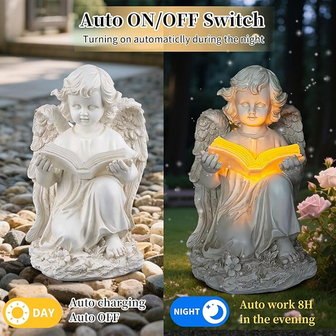 Garden Angel Statues for Outside, Solar Angel for Garden with Bible & Cemetery Decorations for Grave, Angel Figurines for Yard Patio Decor & Lawn Ornaments, Gifts for Mom Grandma Women-HomvellaHome