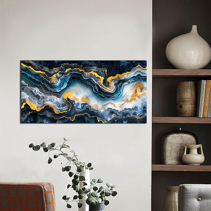 GUGIKA Abstract Wall Art for Living Room, Gold Black and Blue Canvas Wall-Art for Bedroom, Ocean Landscape Print Paintings, Size 40x20 Inches-HomvellaHome