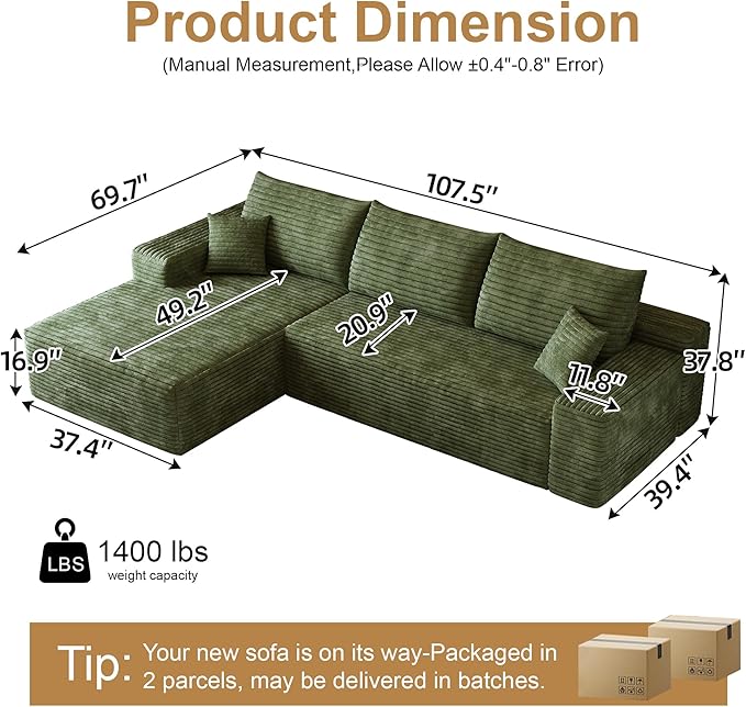 108" Sectional Couches for Living Room Modern Modular Sofa with L-Shape Couchs Upholstered Boneless Couch Deep Seat Sectional Couch with Chaise (Green, Left Facing Chaise+2Seaters)-HomvellaHome
