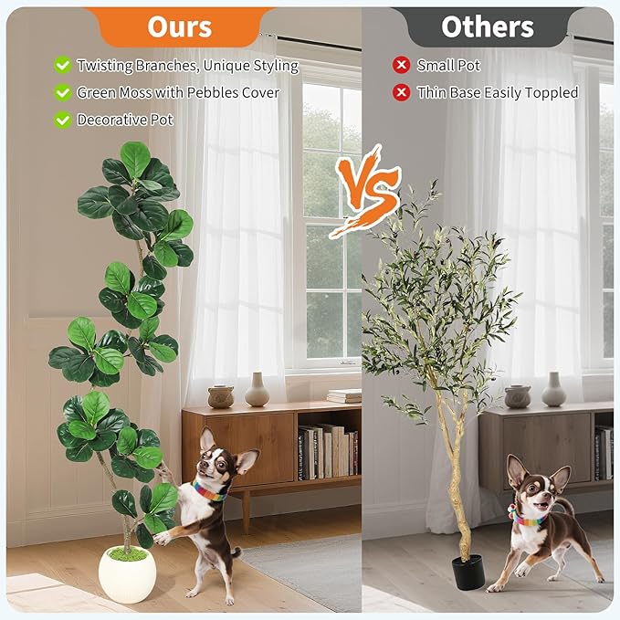 GarveeHome Fiddle Leaf Fig Artificial Tree with White Planter,7ft Faux Plants Indoor with Moss, Fake Rubber Tall Fake Floor Plant in Pot - Artificial Trees for Home Office Living Room Decor-HomvellaHome