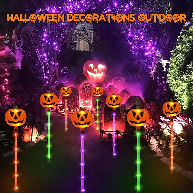 12 Pack Solar Pumpkin Lights for Halloween Decorations Outdoor, Waterproof Halloween Pathway Lights with 8 Modes, Orange Purple and Green Halloween Walkway Stake Lights for Yard Garden Party Decor-HomvellaHome