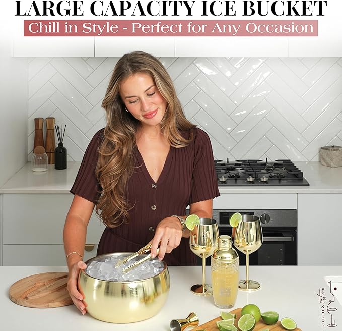 Gusto Nostro 4.1L Insulated Ice Bucket with Lid and Tongs, Double Wall Stainless Steel Ice Bucket Large, BPA Free Ice Bucket for Cocktail Bar, Keeps Champagne, Wine, Beer Chill for Parties (Gold)-HomvellaHome