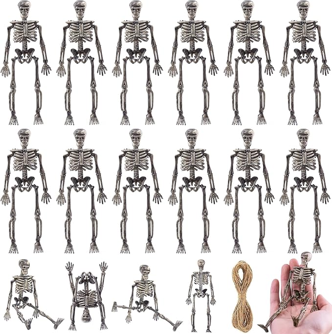 16 Pcs mini skeleton halloween decoration With hemp rope，6”small plastic posable halloween tiny skeleton figurines decor for Halloween Indoor Outdoor Graveyard Decor Haunted House Party Favors-HomvellaHome