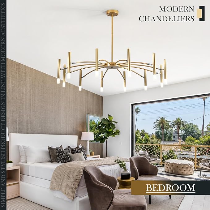 Gold Modern Chandelier 39.4" Large Chandelier Lighting Adjustable Ceiling Pendant Light 12 Light Pendant Light Fixtures for Living Room Dining Room Foyer-HomvellaHome