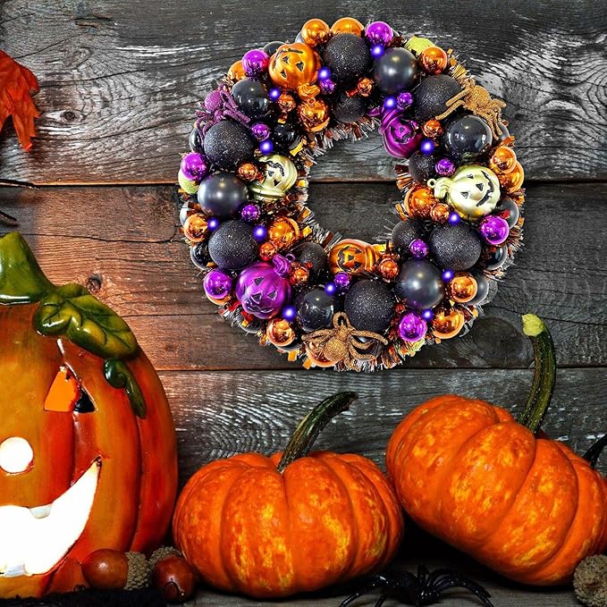 13.8 Inch Halloween Ball Wreath for Front Door with Lights, Lighted Cute Treat-or-Trick Door Wreath Ball Ornament for Halloween Indoor Decorations Centerpiece Party Holiday Wall Home Decor-HomvellaHome
