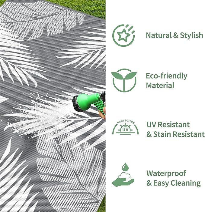 GENIMO Outdoor Rug 10' x 20' Waterproof for Patios Clearance, Reversible Outdoor Plastic Straw Camping Rug Carpet, Large Area Rugs Mats for RV, Camper, Deck, Balcony, Porch, Beach, Picnic, Grey&White-HomvellaHome