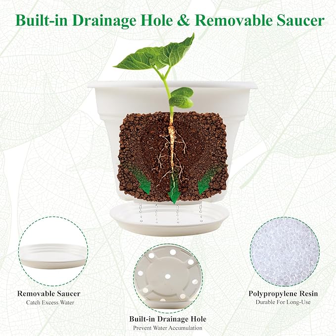 11 Inch Plastic-Flower-Pot-for-Indoor-Plants, 4 Pack Large Outdoor Planter Pot with Drainage Holes & Saucers, Resin Decorative Garden Pots Planters-HomvellaHome