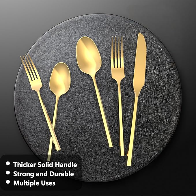 Gold 20 Piece Stainless Steel Silverware Set, Handle Flatware, Modern Mirror Finish Cutlery Set, Service for 4, Dishwasher Safe-HomvellaHome