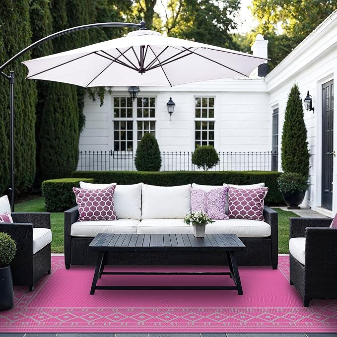 GENIMO Outdoor Rug Waterproof 6'x9' for Patio, Foldable Reversible Plastic Straw Carpet for Travel Trailers, Outside Area Mat for Rv, Deck, Picnic, Porch, Camper, Balcony, Beach, Pink & Grey-HomvellaHome