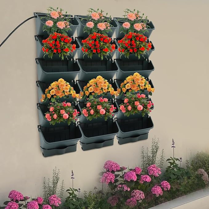18 Pots Self-Watering Vertical Wall Planter, 39.4”L x 39.4”H Stackable Plastic Wall-Mounted Plant Grow Pots, Wall Hang Garden Planter Outdoor Indoor for Herbs Flowers Strawberries (Green)-HomvellaHome