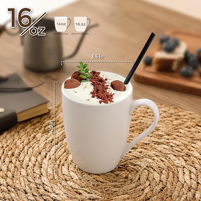 GBHOME 16oz Coffee Mugs Set of 6, Large Ceramic Coffee Mugs for Man, Woman, Dad, Mom, Modern Coffee Mugs Set with handle for Tea/Latte/Cappuccino/Milk/Cocoa. Dishwasher&Microwave Safe,White-HomvellaHome