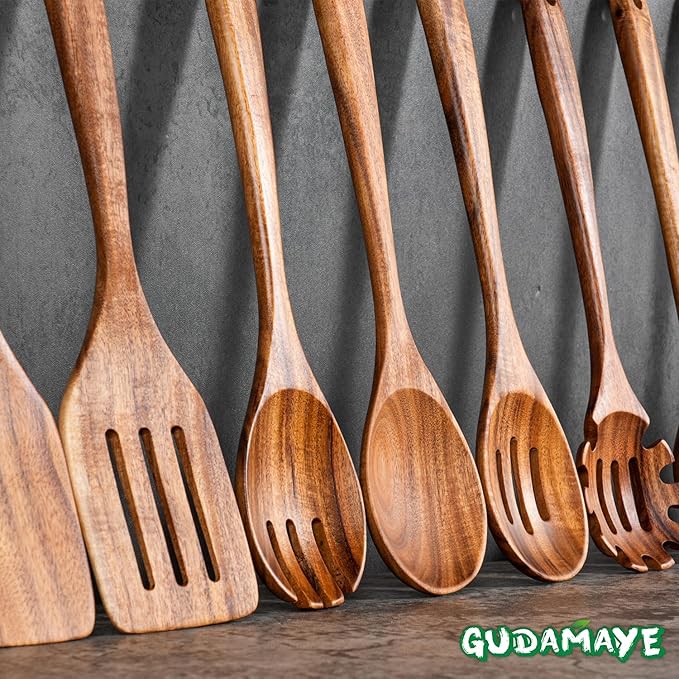 Gudamaye 13 inch Long Wooden Spoons for Cooking, 9 PCS Natural Teak Wooden Kitchen Utensil Set with Utensils Holder Made of Australia Camphor Laurel Wood，Wooden Utensils for Cooking-HomvellaHome