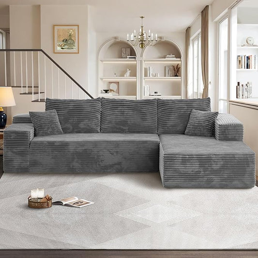 106" Cloud Sectional Couches for Living Room,Plush Corduroy Boneless Couch with Comfy Chaise,L Shaped Sofa in A Box No Assembly Require,Grey-HomvellaHome