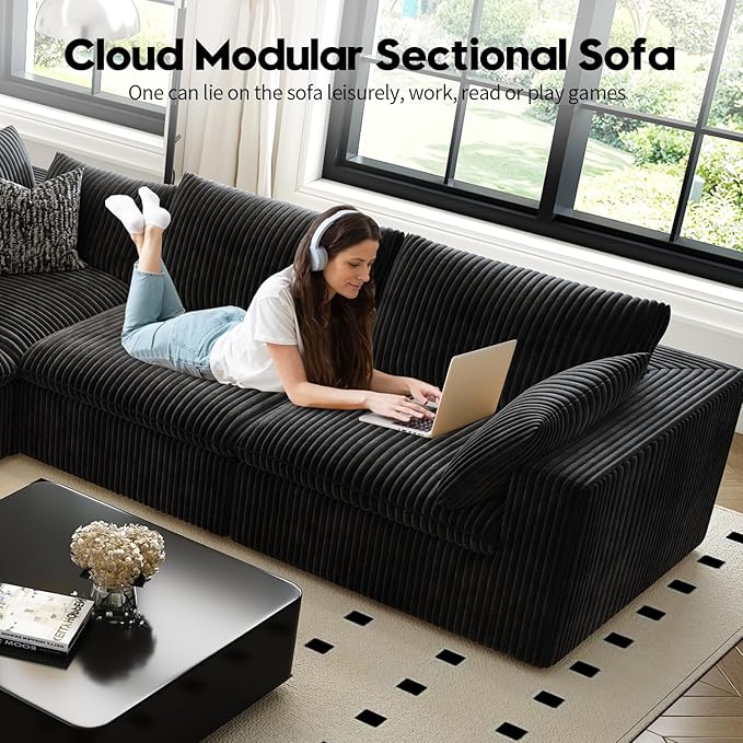 118" Cloud Couch Modular Sectional Sofa for Living Room,Modern Sofa with Deep Seat，3 Seater Boneless Couch,Comfy Upholstered Corduroy Couches for Apartment, Studio, Office,Bedroom，Black-HomvellaHome