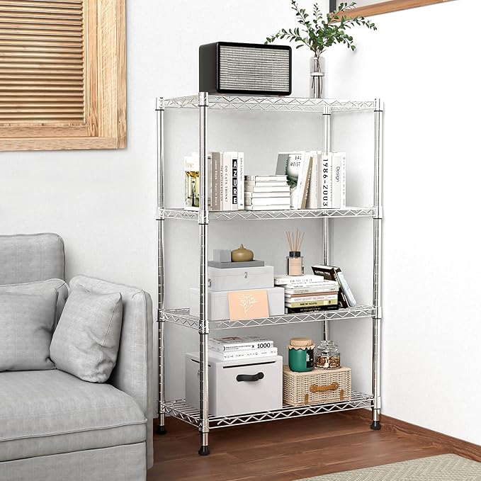 1000 lbs Storage Shelving Steel Heavy Duty 4-Tier Utility Shelving Unit Steel Organizer Wire Rack for Home,Kitchen,Office,Chrome (13.7" D x 29.5" W x 47.2" H)-HomvellaHome