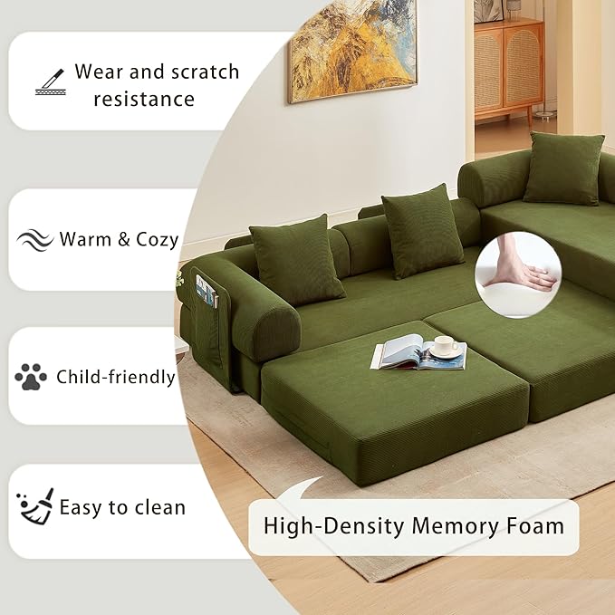 107" Oversized Convertible Sleeper Sofa Bed, Corduroy L Shape Sectional Couch, Folding Sofa Bed with Side Pocket, Modern Cloud Floor Mattress Couch, Modular Sofa for Living Room, Green-HomvellaHome