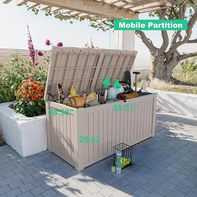 180 Gallon Outdoor Deck Box,Storage Lockable Waterproof Patio Furniture,Garden Tools,Cushions,Pool Accessories Outside Storage Resin Box(Grey)-HomvellaHome