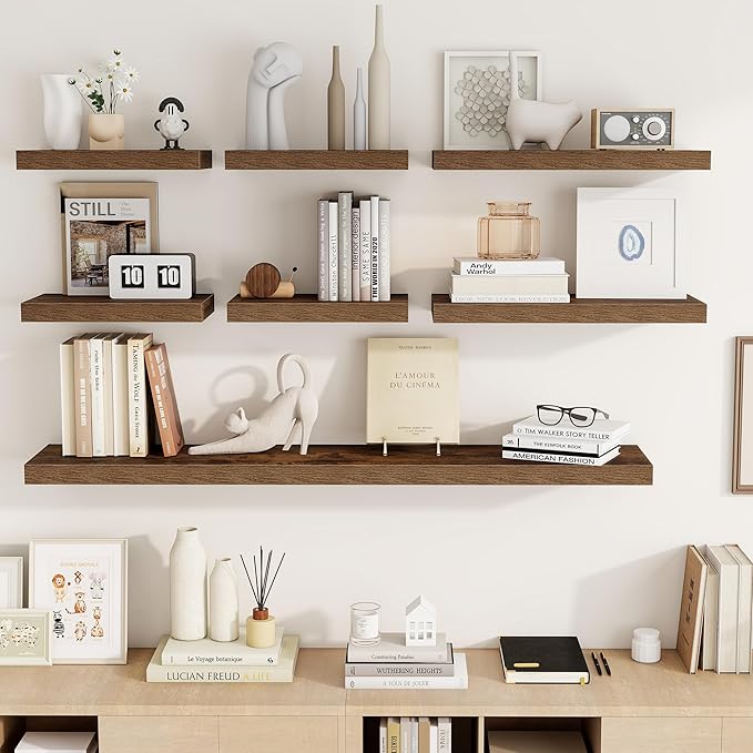 16 Inch Floating Shelves, 16"x9.25"x1.5" Inch Deep Floating Shelves for Wall, Wooden Shelves for Bathroom, Bedroom, Living Room, Brown-HomvellaHome