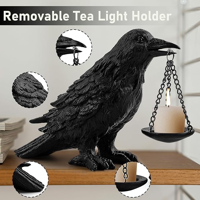 Gothic Home Decor Fake Crow Light Holder Halloween Decorations Indoor Raven Lamp Tealight Candle Holder Resin Statue Black-HomvellaHome