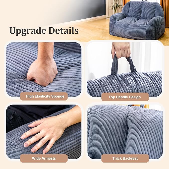 Giant Bean Bag Chair, Faux Fur Bean Bag Chair for Adults, Fluffy and Comfy Bean Bags with Filler, Big Bean Bag Sofa Chair for Reading, Gaming, Stuffed High-Density Foam, Grey-HomvellaHome