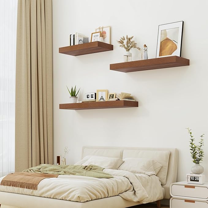 12" Deep Walnut Floating Shelves,Over Toilet Long Wall Mounted Modern Farmhouse 36 inches,Wall Shelves with Invisible Brackets for Bedroom, Bathroom, Living Room, Kitchen, Set of 1-HomvellaHome