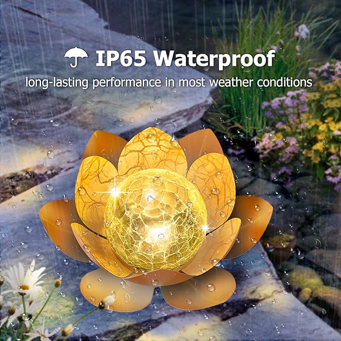 Garden Solar Light Outdoor(2Pack),Crackle Globe Glass Lotus Decoration, Waterproof Metal LED Flower Lights for Patio,Lawn,Walkway,Tabletop,Ground-HomvellaHome