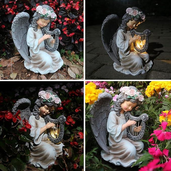 Garden Angel Decor Solar Angels Statues for Garden Waterproof Angel Sculpture Playing The Harp Solar Angels for Yard Patio Gardening Gift-HomvellaHome