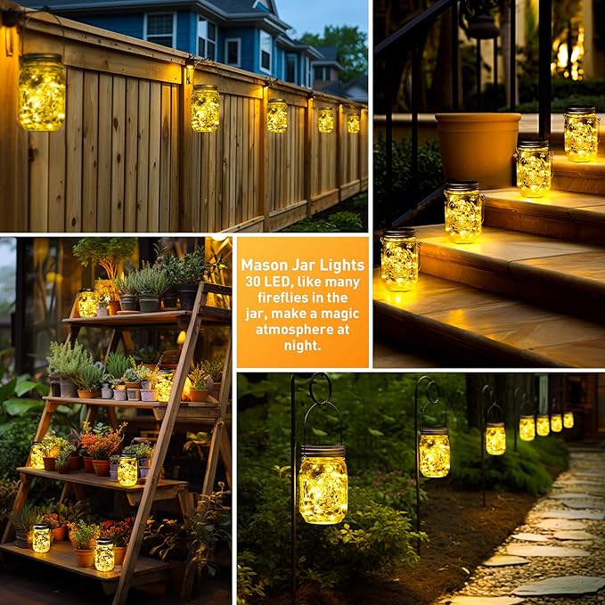 GIGALUMI Solar Mason Jar Lights, 12 Pack 30 Led String Fairy Lights Garden Lights Outdoor Waterproof Metal Lid Hanging Solar Lanterns for Outdoor, Garden, Patio, Lawn, Balcony Decoration-HomvellaHome