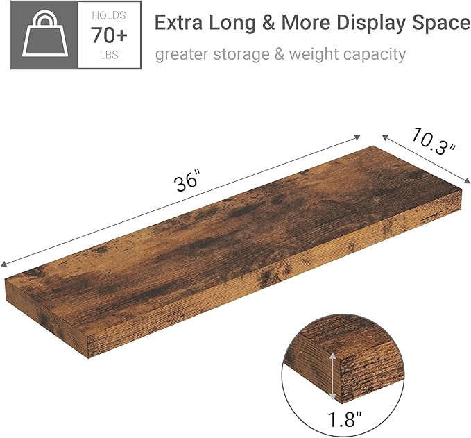 10 inches Deep Floating Shelves 36 inch Long, Sing Shelves for Wall Heavy Duty for Bedroom, Bathroom, Living Room, Kitchen, Office, Farmhouse Shelf Home Decor, Set of 1, Rustic Brown-HomvellaHome